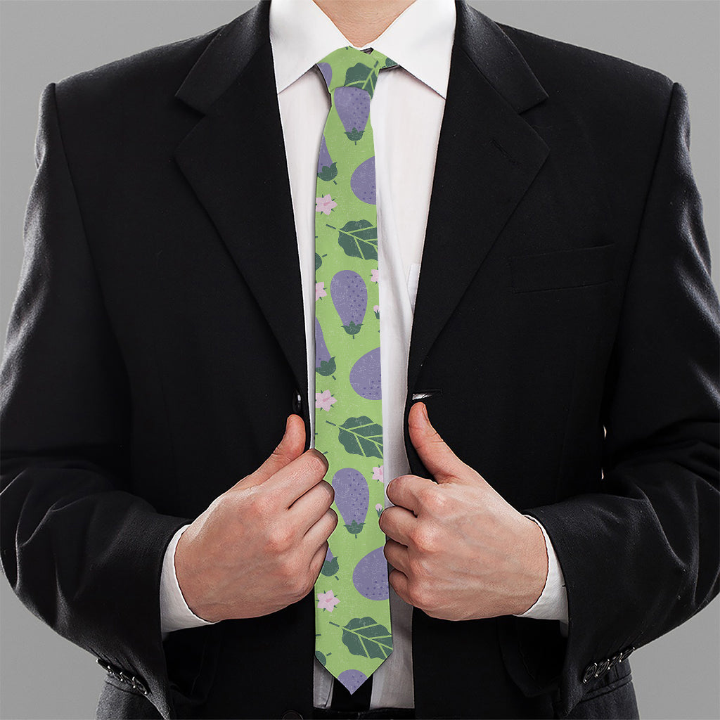 Eggplant With Leaves And Flowers Print Necktie