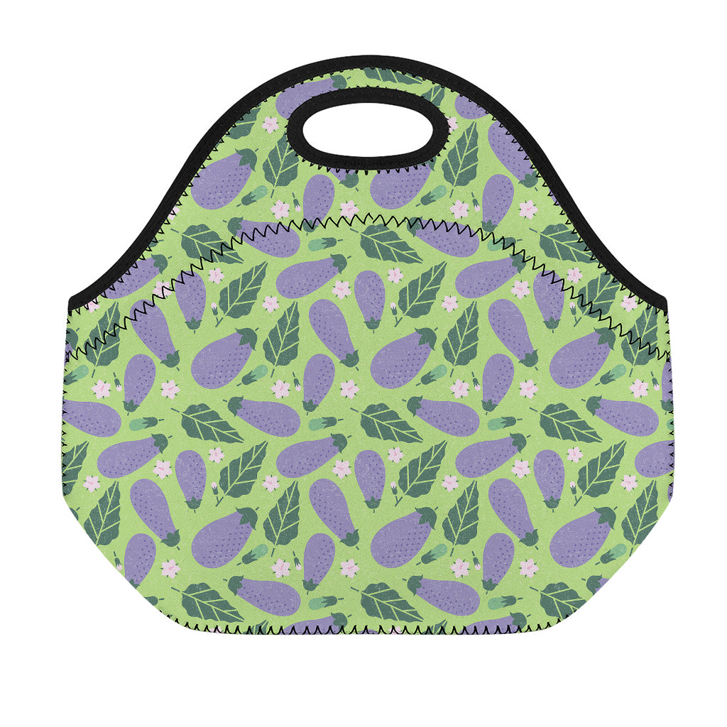 Eggplant With Leaves And Flowers Print Neoprene Lunch Bag