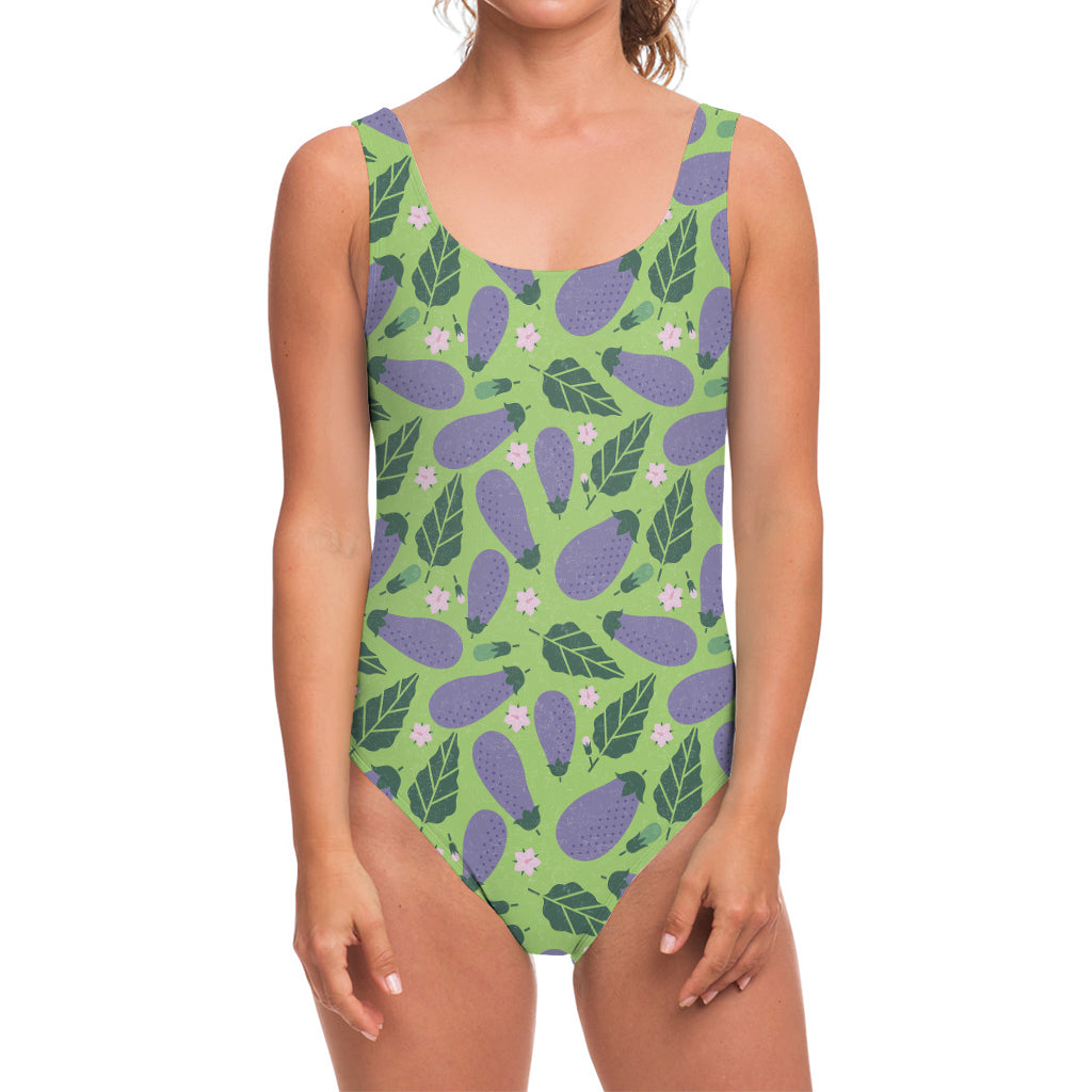 Eggplant With Leaves And Flowers Print One Piece Swimsuit