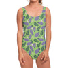 Eggplant With Leaves And Flowers Print One Piece Swimsuit