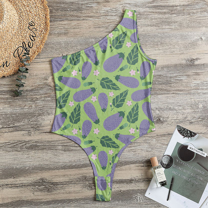 Eggplant With Leaves And Flowers Print One Shoulder Bodysuit