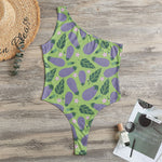 Eggplant With Leaves And Flowers Print One Shoulder Bodysuit