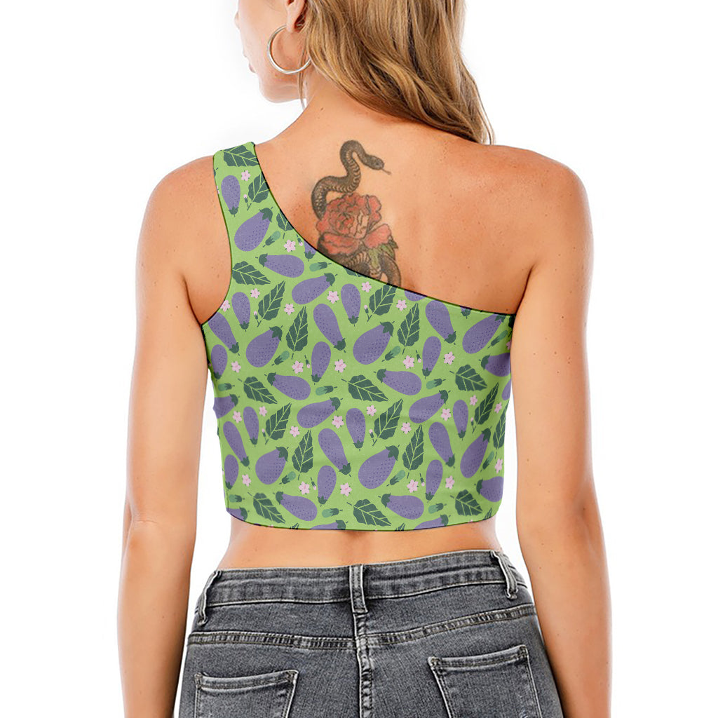 Eggplant With Leaves And Flowers Print One Shoulder Crop Top