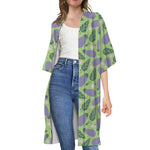 Eggplant With Leaves And Flowers Print Open Front Beach Cover Up