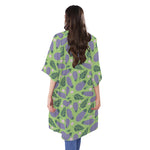 Eggplant With Leaves And Flowers Print Open Front Beach Cover Up