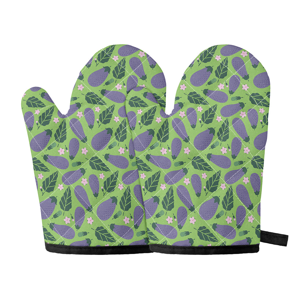Eggplant With Leaves And Flowers Print Oven Mitts