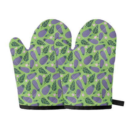 Eggplant With Leaves And Flowers Print Oven Mitts