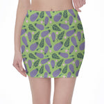 Eggplant With Leaves And Flowers Print Pencil Mini Skirt