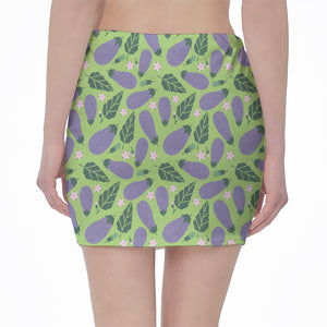 Eggplant With Leaves And Flowers Print Pencil Mini Skirt