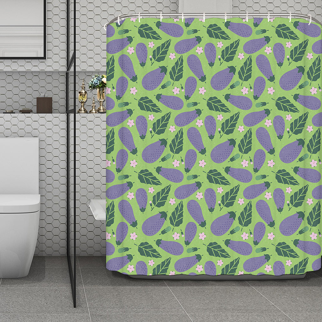 Eggplant With Leaves And Flowers Print Polyester Shower Curtain