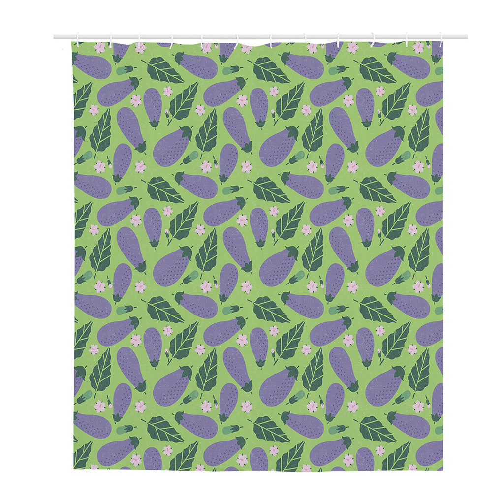 Eggplant With Leaves And Flowers Print Polyester Shower Curtain