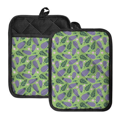 Eggplant With Leaves And Flowers Print Pot Holders With Pocket