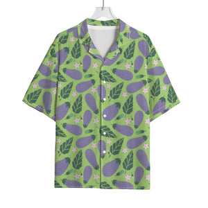 Eggplant With Leaves And Flowers Print Rayon Hawaiian Shirt