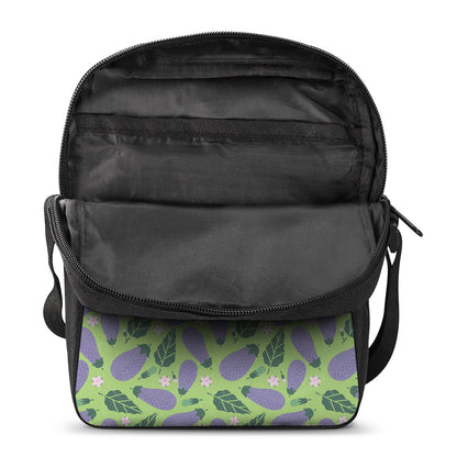 Eggplant With Leaves And Flowers Print Rectangular Crossbody Bag