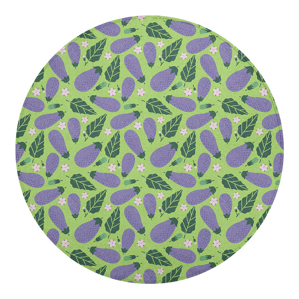 Eggplant With Leaves And Flowers Print Round Blanket