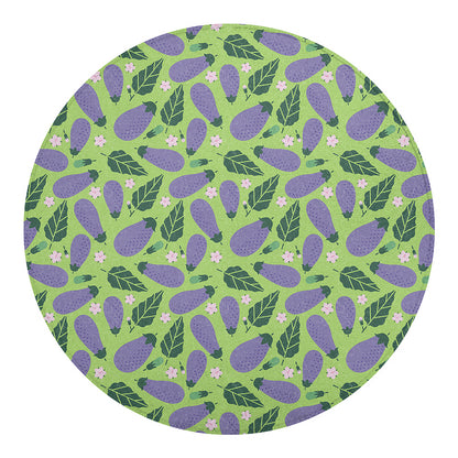 Eggplant With Leaves And Flowers Print Round Blanket