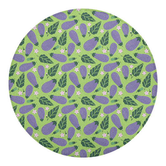 Eggplant With Leaves And Flowers Print Round Blanket