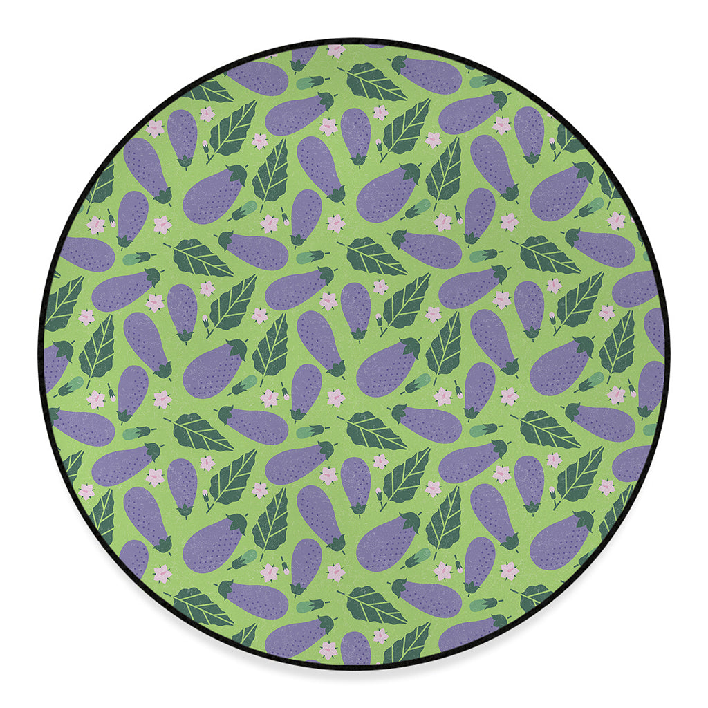Eggplant With Leaves And Flowers Print Round Floor Mat