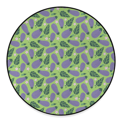 Eggplant With Leaves And Flowers Print Round Floor Mat