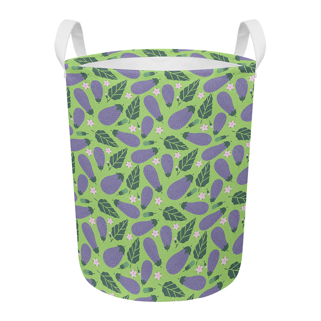 Eggplant With Leaves And Flowers Print Round Laundry Basket