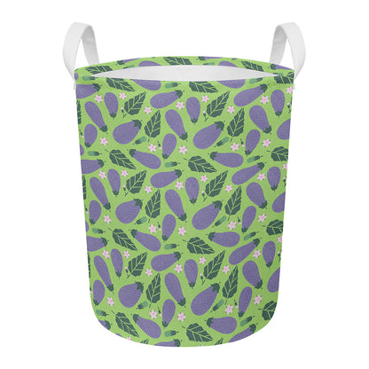 Eggplant With Leaves And Flowers Print Round Laundry Basket