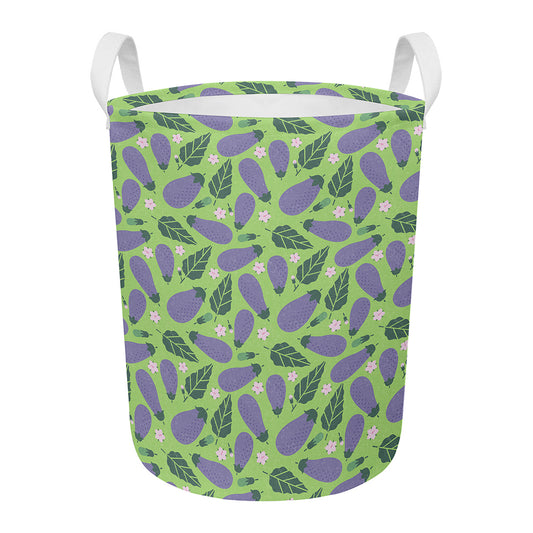 Eggplant With Leaves And Flowers Print Round Laundry Basket