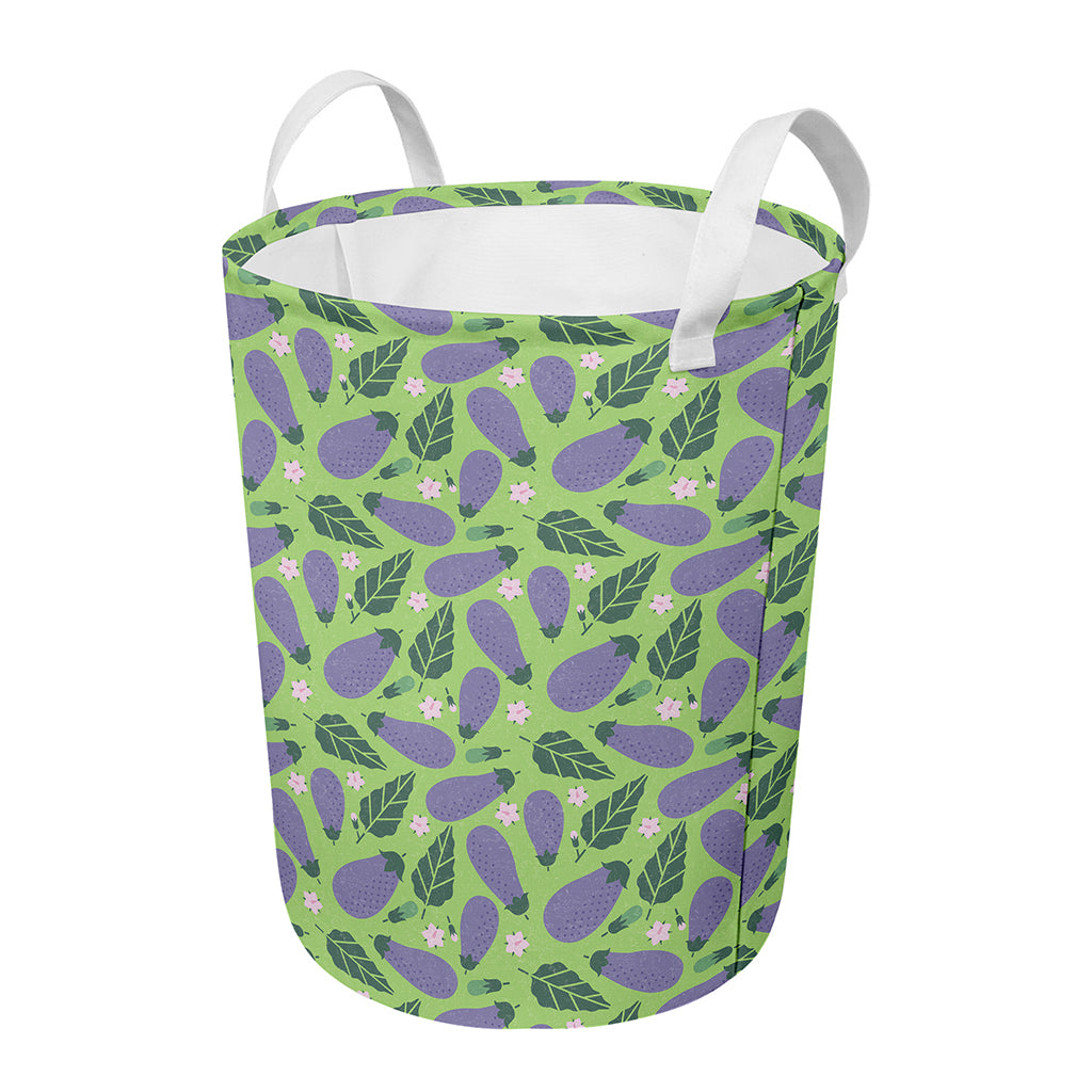 Eggplant With Leaves And Flowers Print Round Laundry Basket
