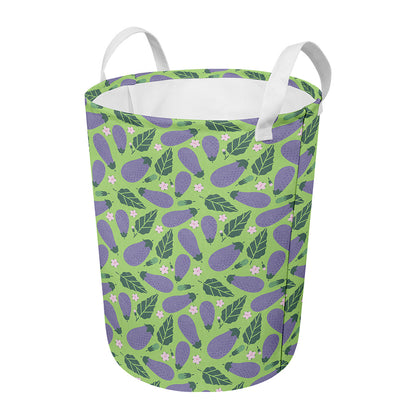 Eggplant With Leaves And Flowers Print Round Laundry Basket