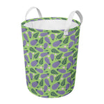 Eggplant With Leaves And Flowers Print Round Laundry Basket