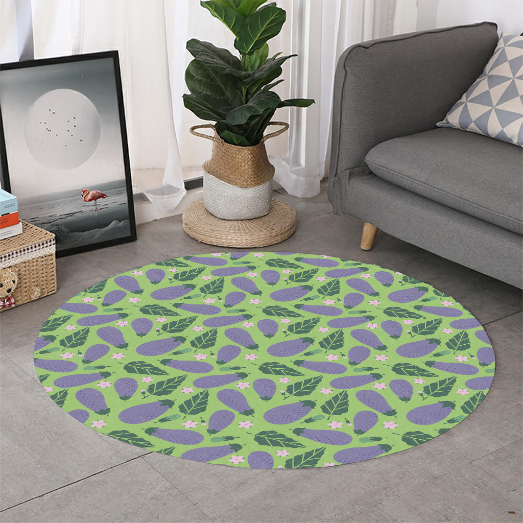 Eggplant With Leaves And Flowers Print Round Rug