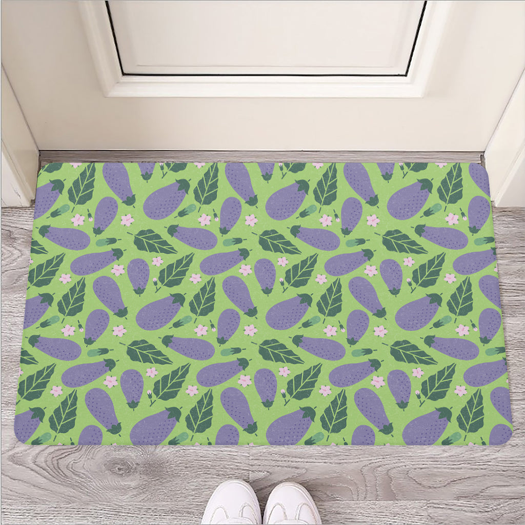 Eggplant With Leaves And Flowers Print Rubber Doormat