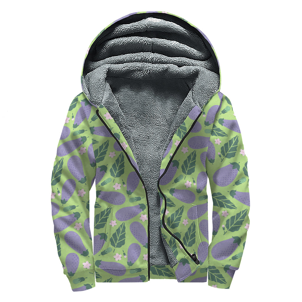 Eggplant With Leaves And Flowers Print Sherpa Lined Zip Up Hoodie