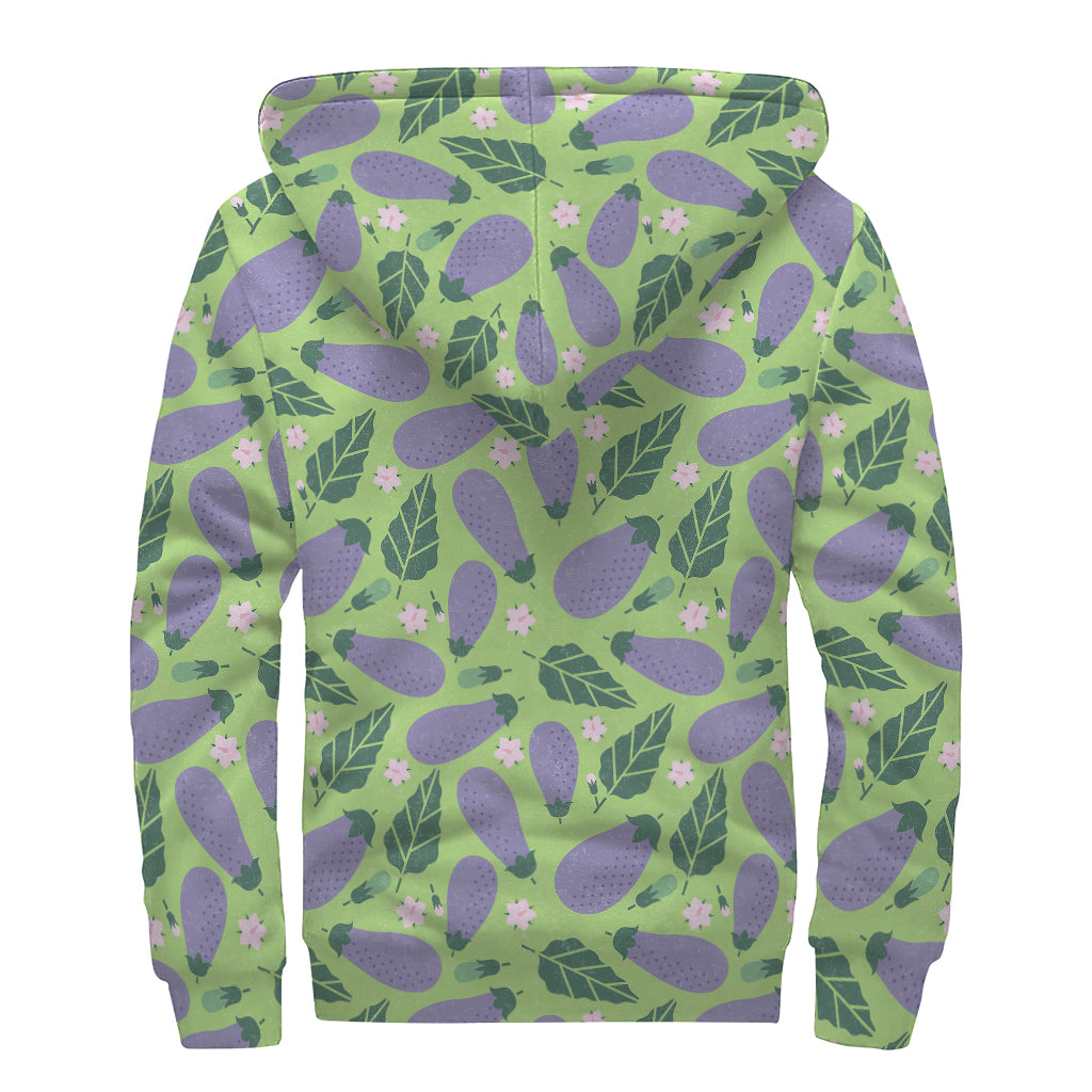 Eggplant With Leaves And Flowers Print Sherpa Lined Zip Up Hoodie