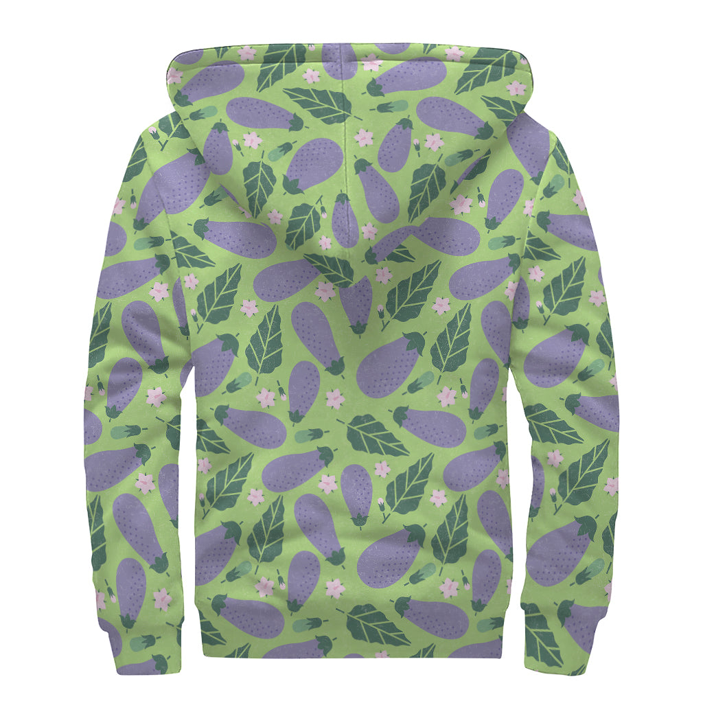 Eggplant With Leaves And Flowers Print Sherpa Lined Zip Up Hoodie