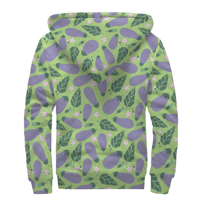 Eggplant With Leaves And Flowers Print Sherpa Lined Zip Up Hoodie