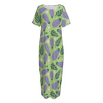 Eggplant With Leaves And Flowers Print Short Sleeve Long Nightdress