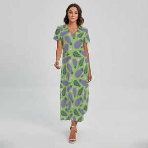 Eggplant With Leaves And Flowers Print Short Sleeve Maxi Dress