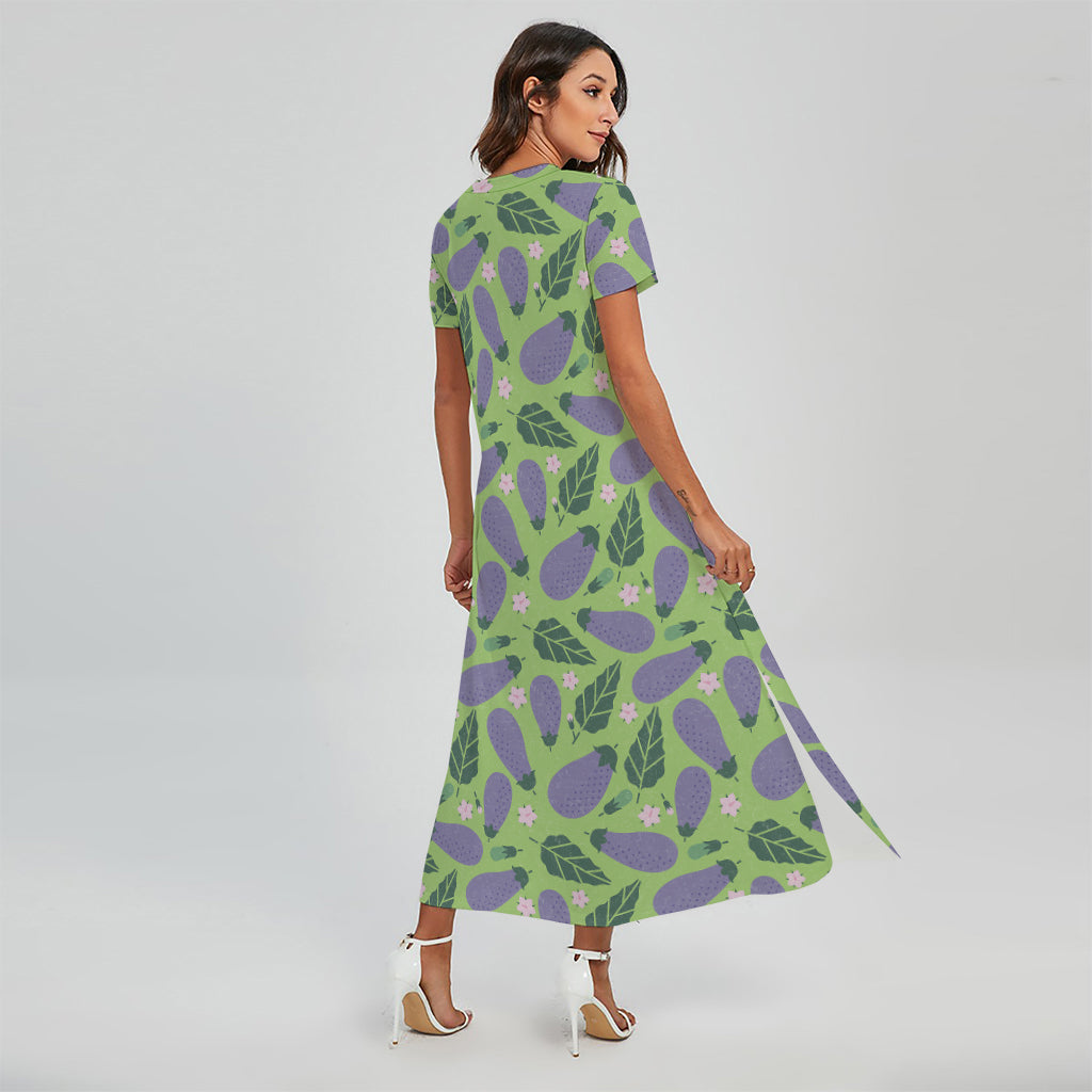 Eggplant With Leaves And Flowers Print Short Sleeve Maxi Dress