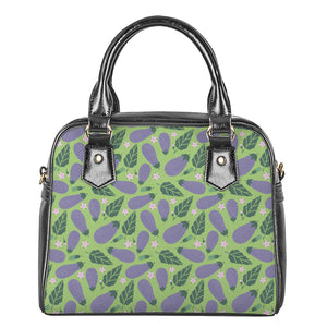 Eggplant With Leaves And Flowers Print Shoulder Handbag