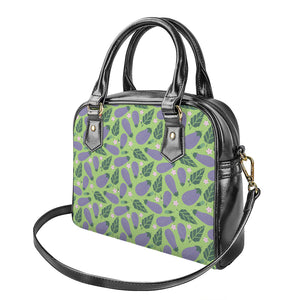 Eggplant With Leaves And Flowers Print Shoulder Handbag