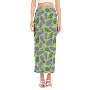 Eggplant With Leaves And Flowers Print Side Slit Maxi Skirt