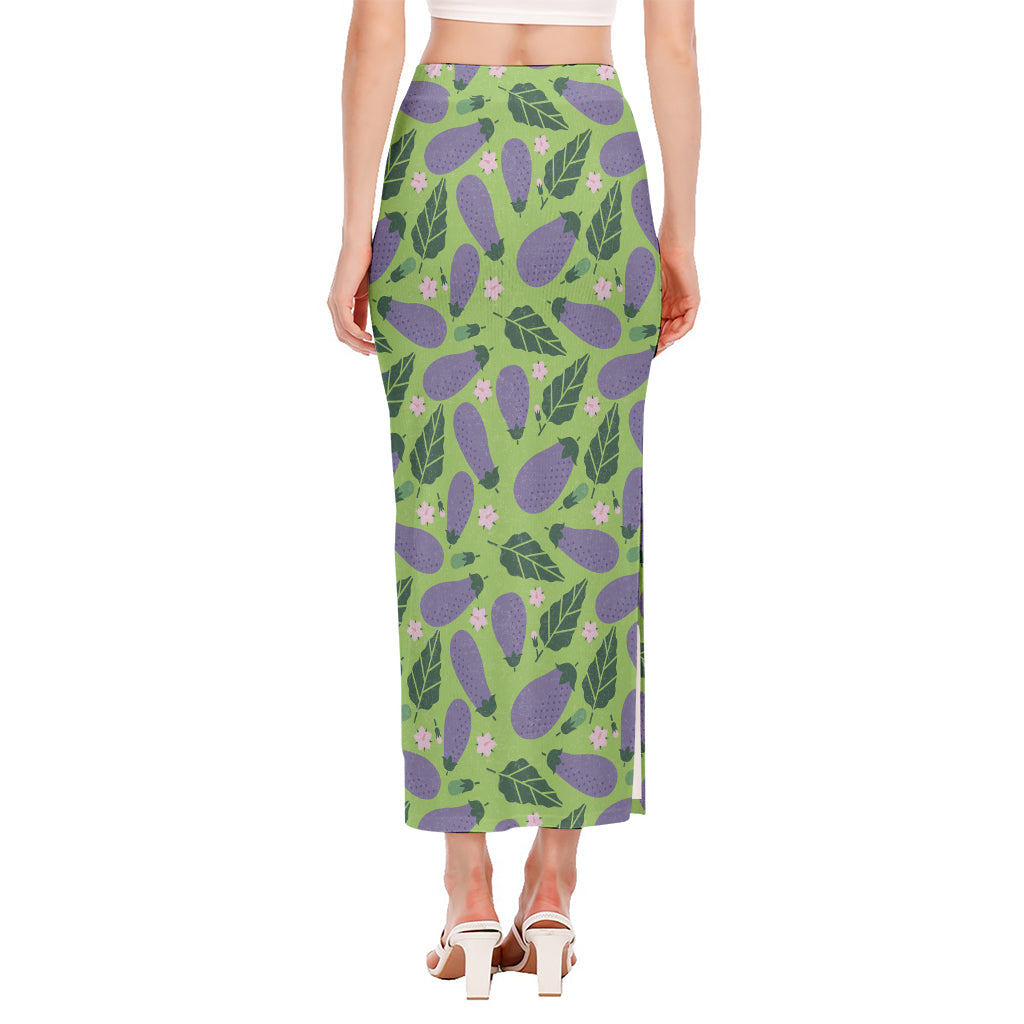 Eggplant With Leaves And Flowers Print Side Slit Maxi Skirt