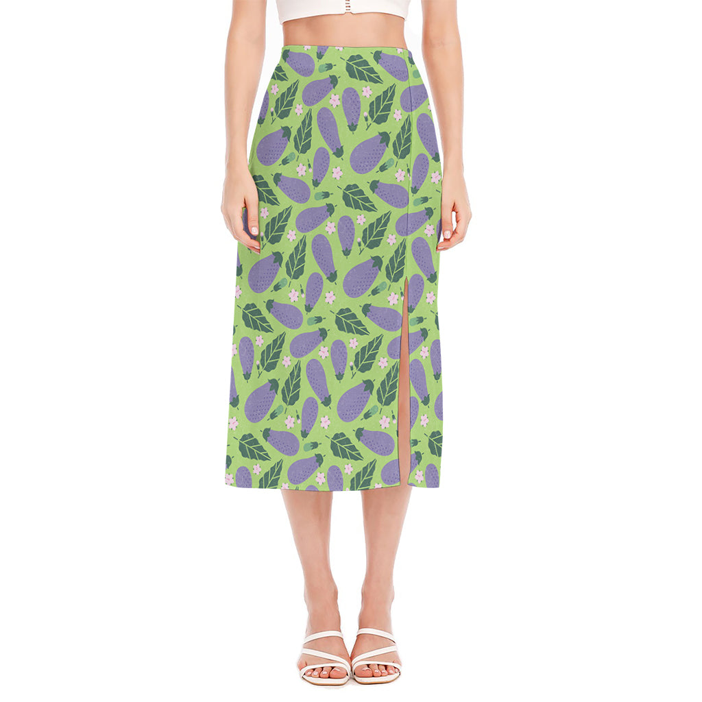 Eggplant With Leaves And Flowers Print Side Slit Midi Skirt