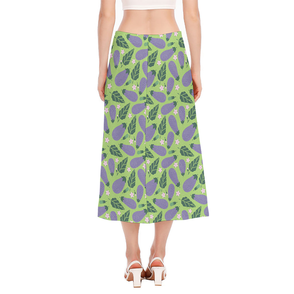 Eggplant With Leaves And Flowers Print Side Slit Midi Skirt