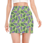 Eggplant With Leaves And Flowers Print Side Slit Mini Skirt