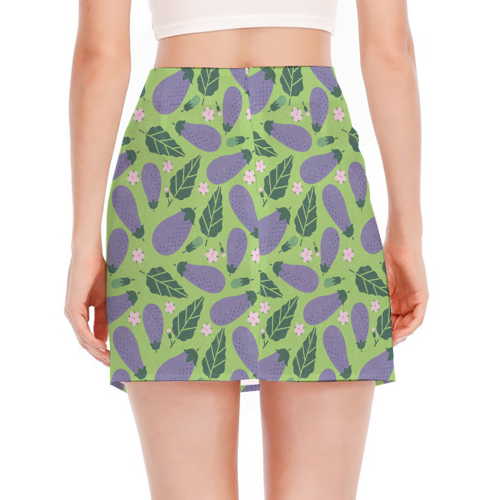 Eggplant With Leaves And Flowers Print Side Slit Mini Skirt