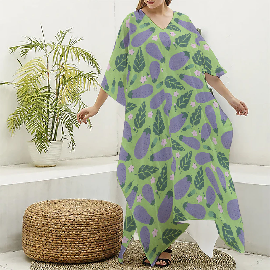 Eggplant With Leaves And Flowers Print Silk V-Neck Kaftan Dress