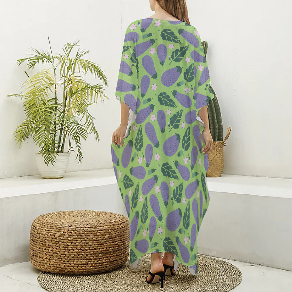 Eggplant With Leaves And Flowers Print Silk V-Neck Kaftan Dress