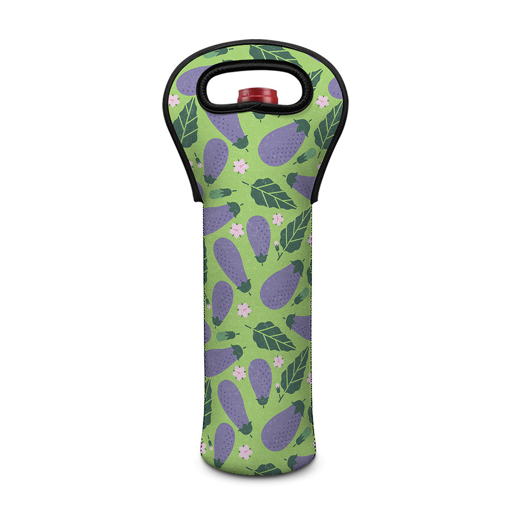 Eggplant With Leaves And Flowers Print Single Neoprene Wine Tote