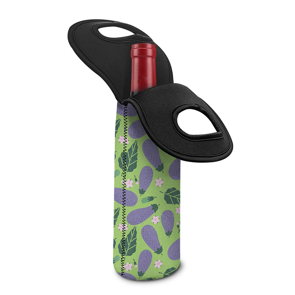 Eggplant With Leaves And Flowers Print Single Neoprene Wine Tote